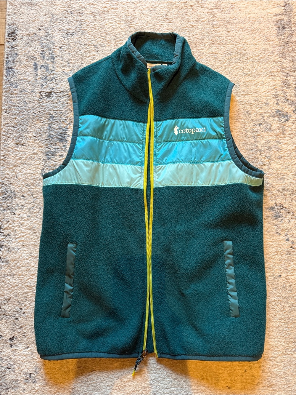 cotopaxi Teal & Light Blue Fleece Vest with Yellow Zipper